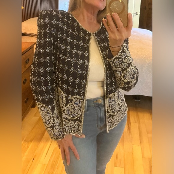 Vintage 1980’s Silky Nites Stunning Beaded Navy Blue Silk Evening Jacket, Size M - Picture 12 of 12